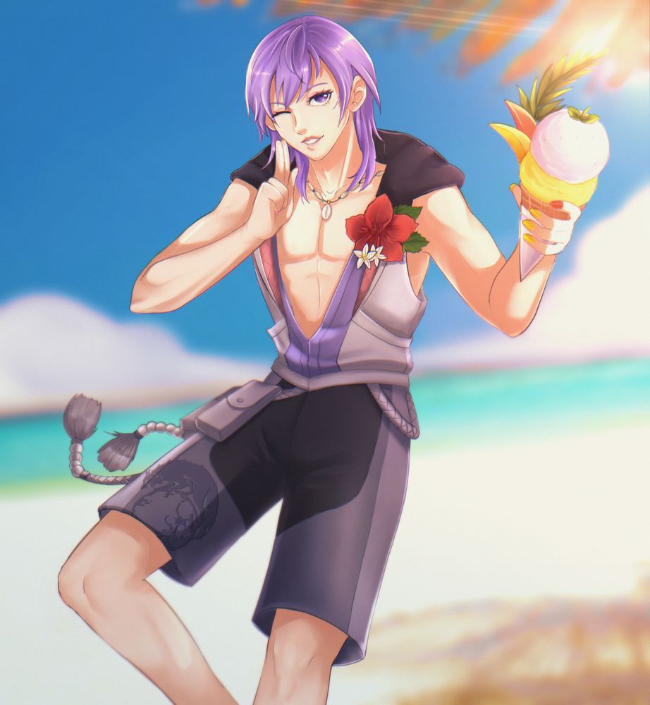 Yuri Leclerc from Fire Emblem: Three Houses, pre-timeskip, in his summer outfit from Fire Emblem Heroes. He is smiling and winking at the viewer and holding up his right hand in a finger gun, left hand holding out his ice cream. The background is a sunny beach scene.