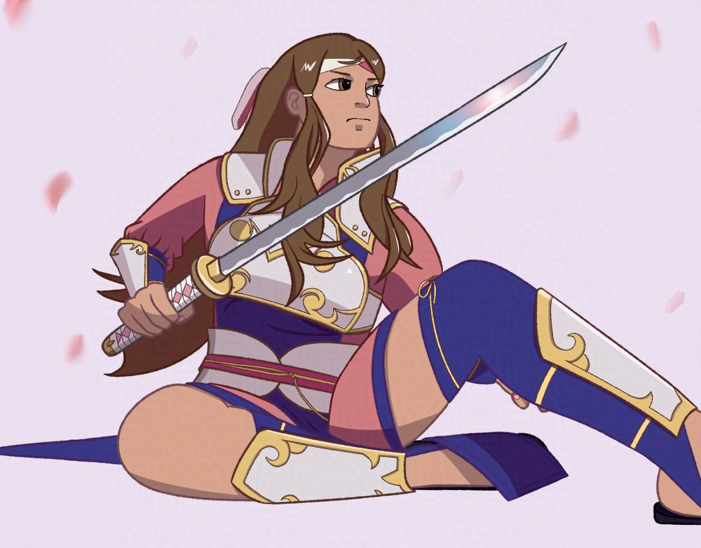 Hana from Fire Emblem Fates sitting and holding her katana, gazing into the distance with a fierce expression. The colours of the trans flag reflect off of the blade. Cherry blossom petals drift through the air around her.