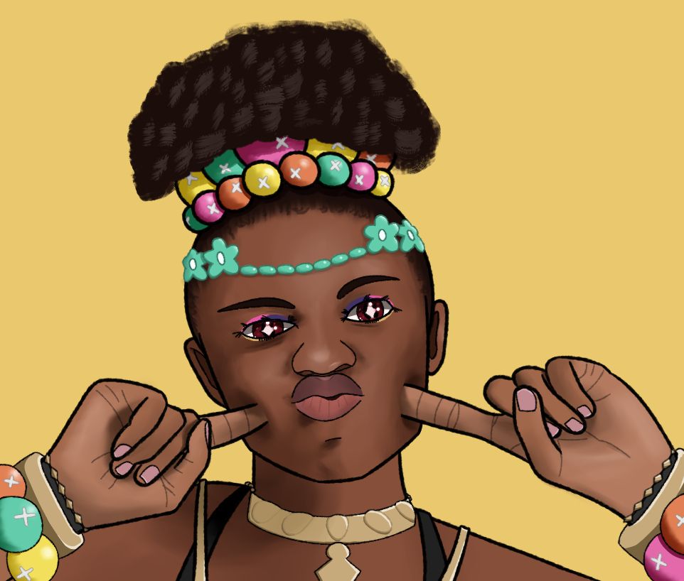 Headshot of Timerra from Fire Emblem Engage. Her hair is put up in an afro puff using a hair tie decorated with the large bobble accessories from her original design. Her head is tilted a bit to the right and she is sticking her index fingers into her cheeks, making a funny kissy face with her lips.