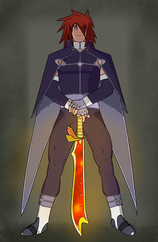 Kratos Aurion from Tales of Symphonia seen from a low angle, looking down at the viewer as he holds Flamberge with both hands on the hilt in front of him, tip of the blade resting on the ground. The background appears vaguely mossy or leafy, and there is a grayish-brown stone behind him.