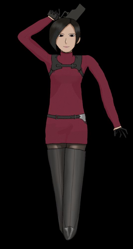 Amateur full-body digital drawing of Ada Wong from Resident Evil, stepping forward with one leg while holding her gun behind her head, barrel pointing up. The face is generic, the hair lacks any detail, and the shading is minimal.