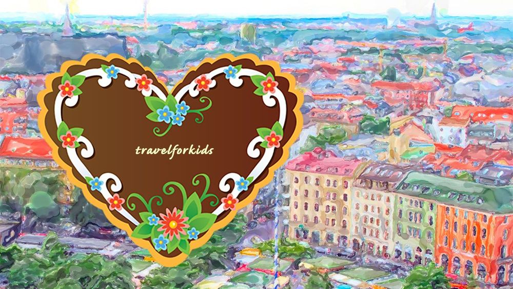 Illustration of buildings in Munich and lebkuchen cookie