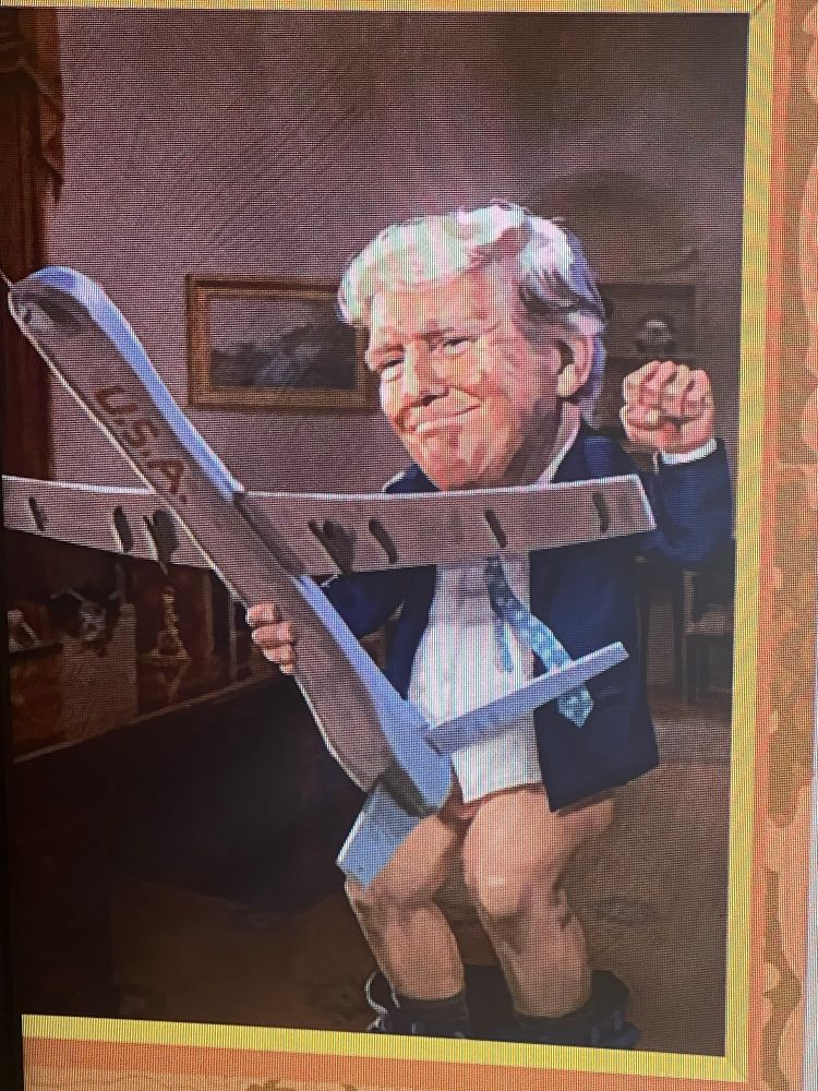 Trump smugly holding a military drone to replace his micro penis. 