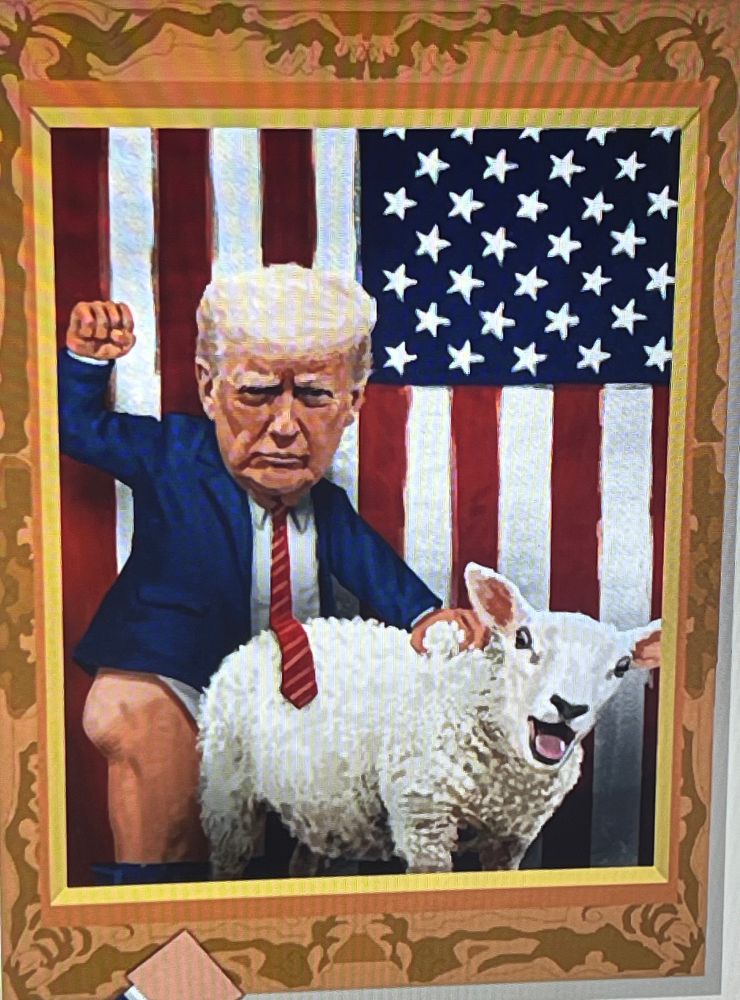 A photo realistic painting of Trump fucking a sheep with the us flag in the background and his fist raised like he just pretended to get shot. 