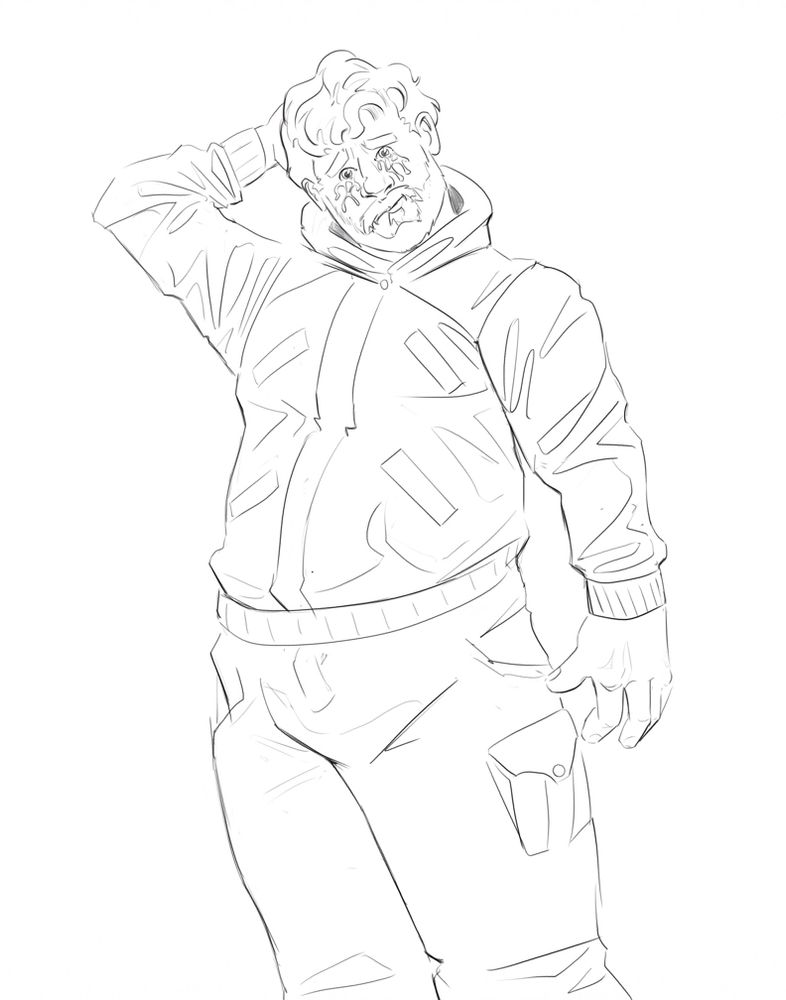 Digital lineart of Ianto, a heavyset, bearded fellow in hooded jacket and cargo pants. A pattern like tears flows from his eyes. This version adds my attempt at playing with line weights to add more dimension without shading. 