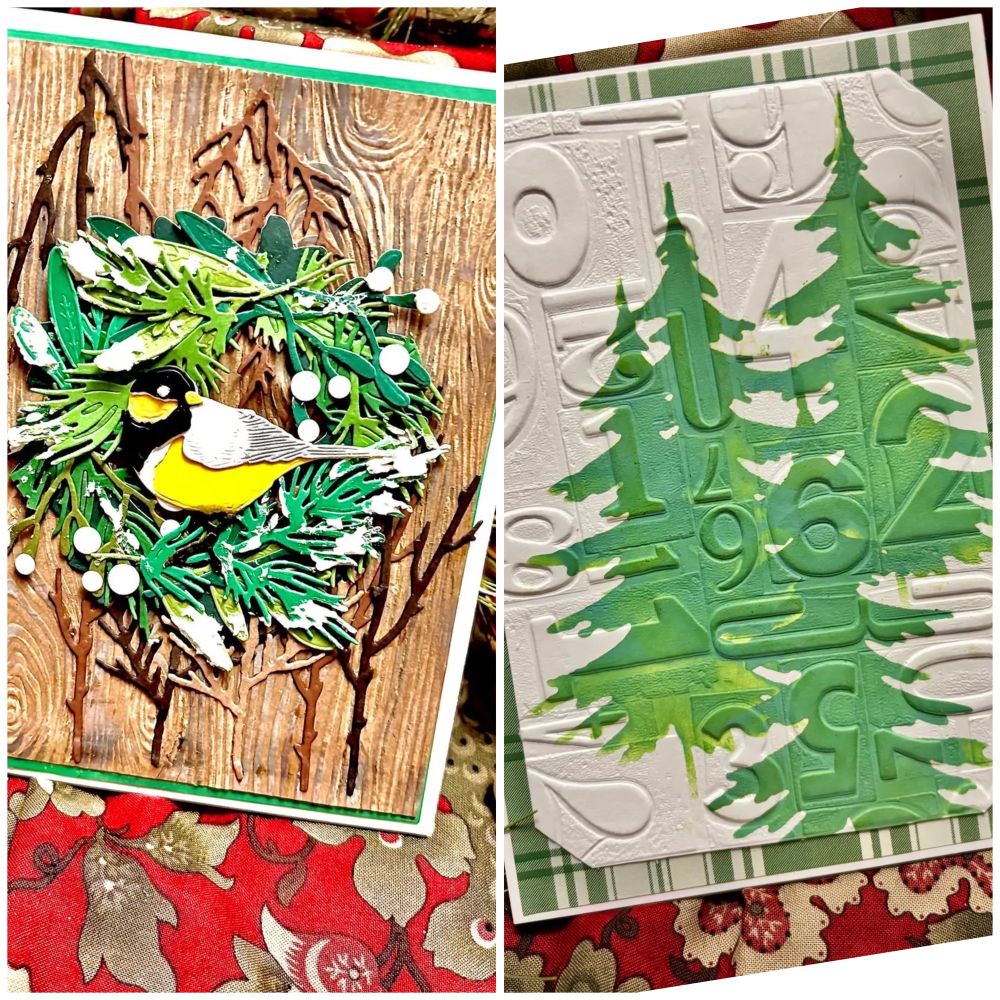 Left: cut paper and ink collage art of a bird sitting in the center of a wreath on an background embossed with wood grain

Right: cut paper and ink art card of evergreen trees on die cut white with green plaid border. Whole card is embossed with abstract layout numbers
