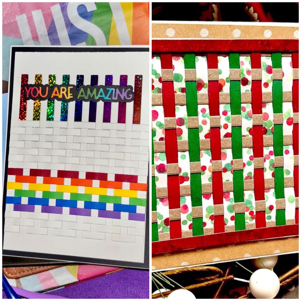 Cut paper and ink art cards which involve hand-weaving strips to create patterns. The left card has a rainbow theme and the words “you are amazing.” The right card has red, green, and brown paper as well as white paper with green and red polka dots. 
