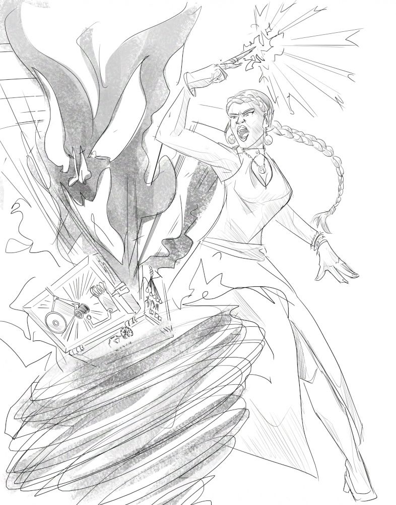 Digital sketch of a woman with a gown and long braided hair brandishing a magic wand against a giant, shadowy face. The face is being sucked into a box which is covered in odd gears and wires and itself held aloft by a swirl of darkness. 
