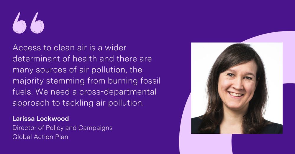 'Access to clean air is a wider determinant of health and there are many sources of air pollution, the majority stemming from burning fossil fuels. We need a cross-departmental approach to tackling air pollution' Larissa Lockwood, Director of Policy and Campaigns at Global Action Plan