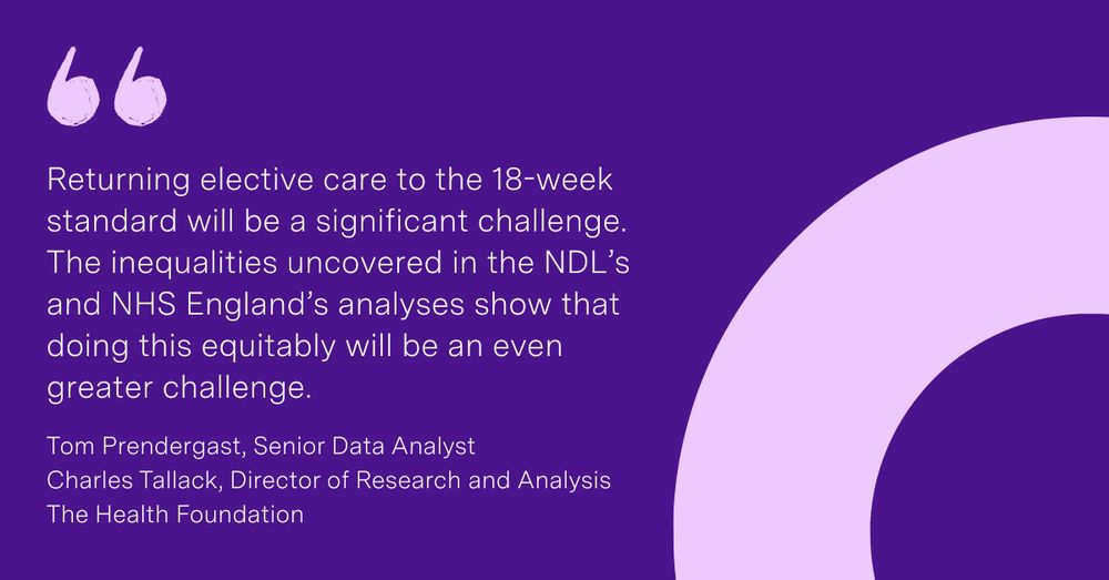 'Returning elective care to the 18-week standard will be a significant challenge. The inequalities uncovered in the NDL’s and NHS England’s analyses show that doing this equitably will be an even greater challenge.' 
Tom Prendergast and Charles Tallack
The Health Foundation
