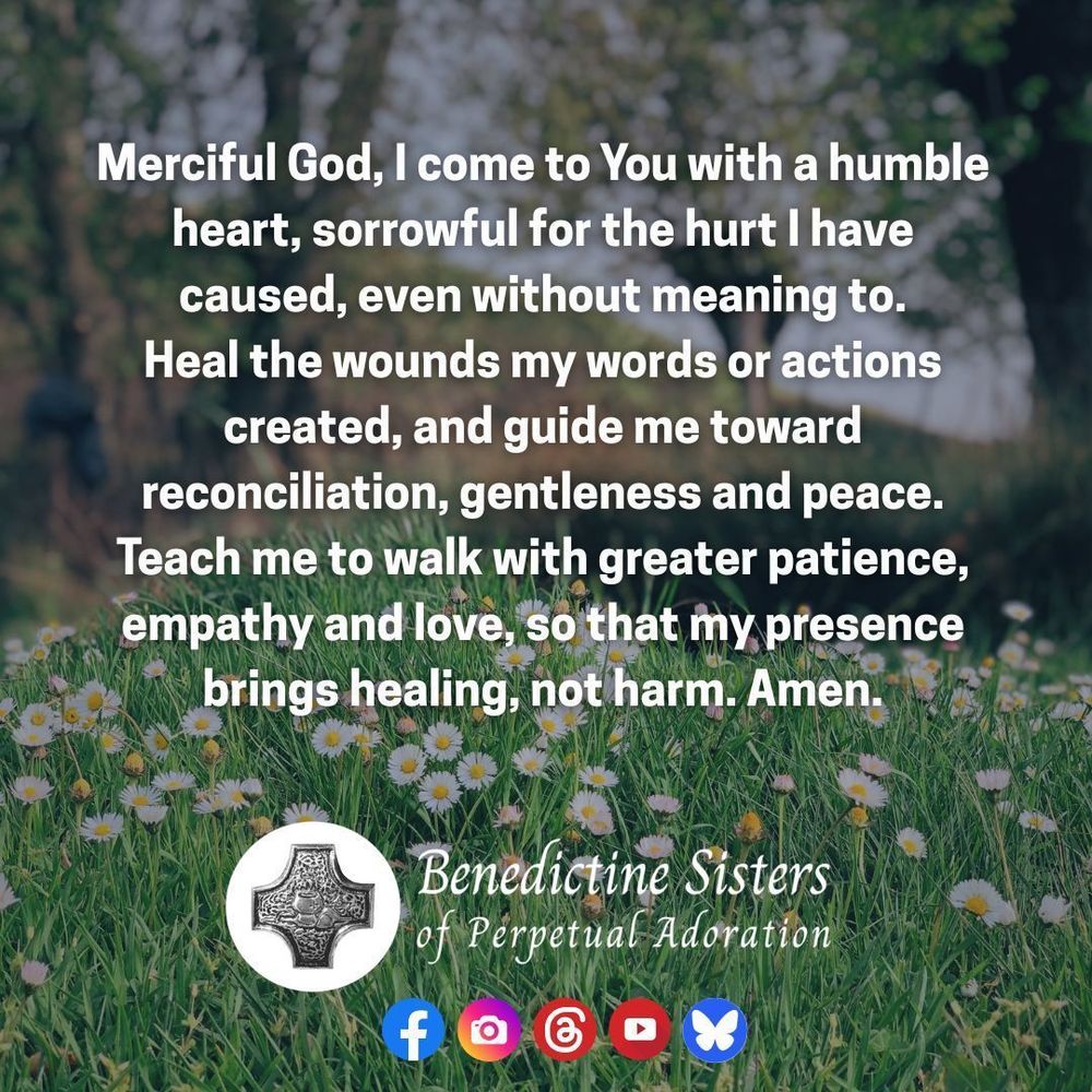 [PIC] A field of delicate wildflowers ringed by trees with sunlight streaming through [TEXT] Merciful God, I come to You with a humble heart, sorrowful for the hurt I have caused, even without meaning to. Heal the wounds my words or actions created, and guide me toward reconciliation, gentleness and peace. Teach me to walk with greater patience, empathy and love, so that my presence brings healing, not harm. Amen.