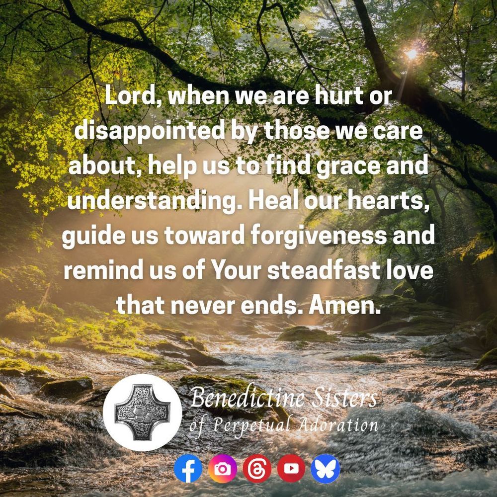 [PIC] Sunlight filters through green trees around a small stream flowing with water [TEXT] Lord, when we are hurt or disappointed by those we care about, help us to find grace and understanding. Heal our hearts, guide us toward forgiveness and remind us of Your steadfast love that never ends. Amen.