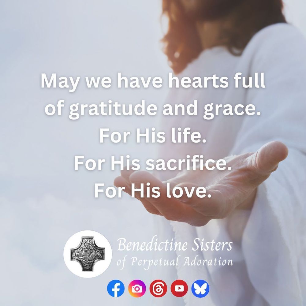 [PIC] Close up of a person dressed as Christ in white robes, holding out a hand in invitation [TEXT] May we have hearts full of gratitude and grace. For His life. For His sacrifice. For His love.