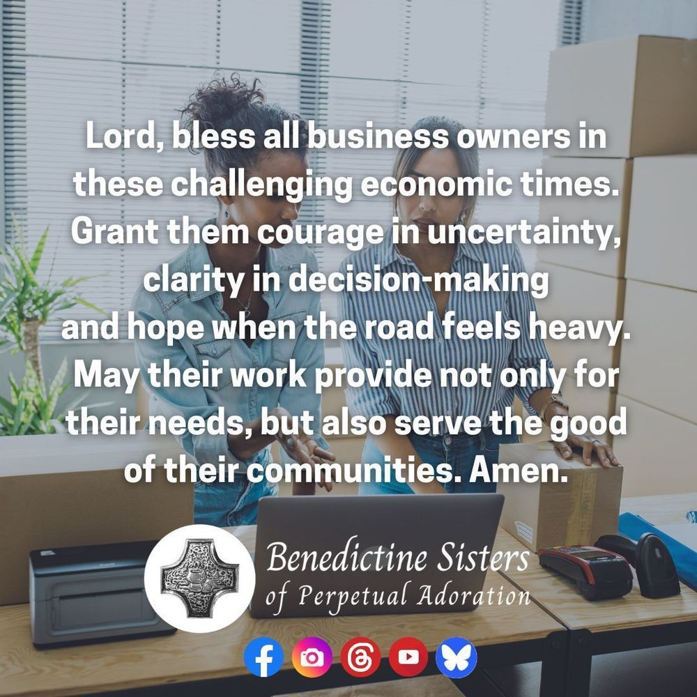 [PIC] Two small business owners stand talking at the counter of their store [TEXT] Lord, bless all business owners in these challenging economic times. Grant them courage in uncertainty, clarity in decision-making and hope when the road feels heavy. May their work provide not only for their needs, but also serve the good of their communities. Amen.