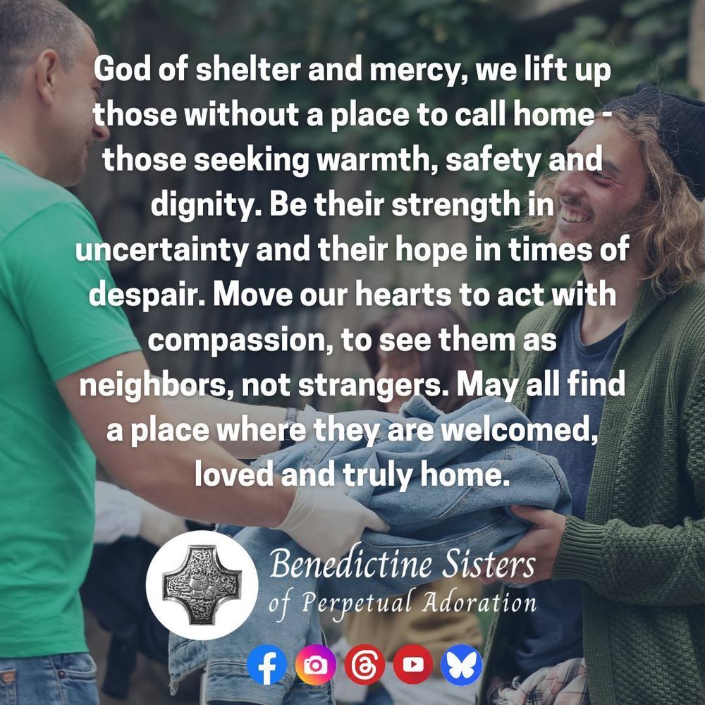 [PIC] A smiling volunteer wearing a green shirt hands a clean blanket to a man who might be homeless, he smiles in return [TEXT] God of shelter and mercy, we lift up those without a place to call home - those seeking warmth, safety and dignity. Be their strength in uncertainty and their hope in times of despair. Move our hearts to act with compassion, to see them as neighbors, not strangers. May all find a place where they are welcomed, loved and truly home.
