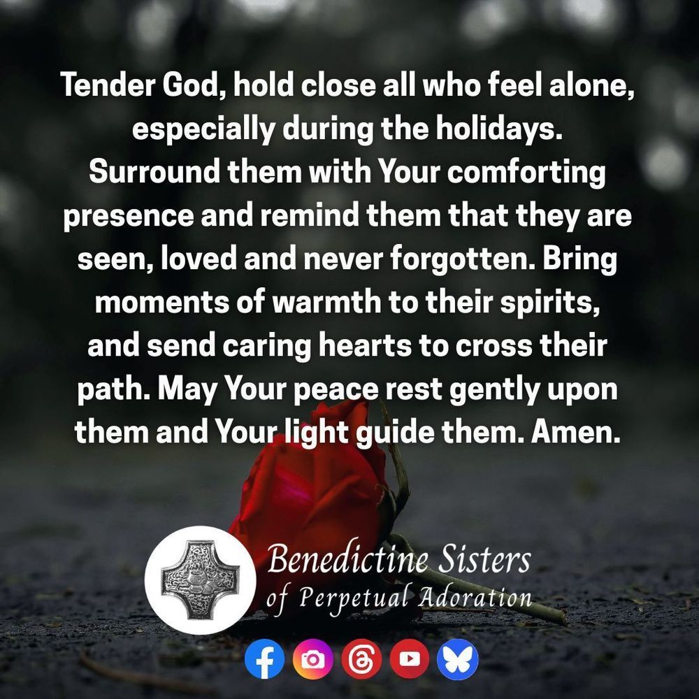 [PIC] A dark red rose lies forgotten on a dark road  [TEXT] Tender God, hold close all who feel alone, especially during the holidays. Surround them with Your comforting presence and remind them that they are seen, loved and never forgotten. Bring moments of warmth to their spirits, and send caring hearts to cross their path. May Your peace rest gently upon them and Your light guide them. Amen.