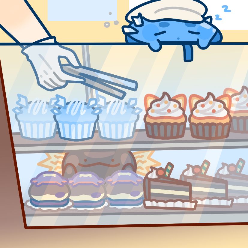 A sleeping altventurer slime is resting atop a cafe dessert case filled with a variety of cupcakes, donuts, and cake inspired by the 4 HQ boys. A hand with a glove on is reaching in the top shelf with some tongs. Behind the lower shelf, we see an axelotl face peeking through.