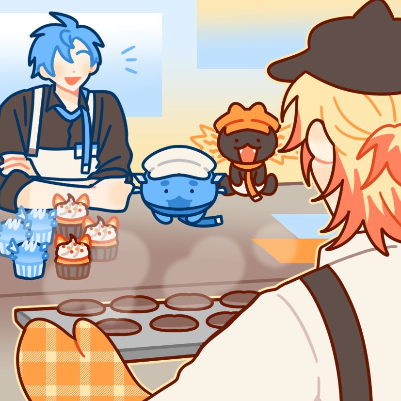 Axel is holding a tray of cookies fresh out of the oven. Across from him at the counter are Altare, an altventurer, and an axelotl all looking very surprised and happy to see the delicious cookies.