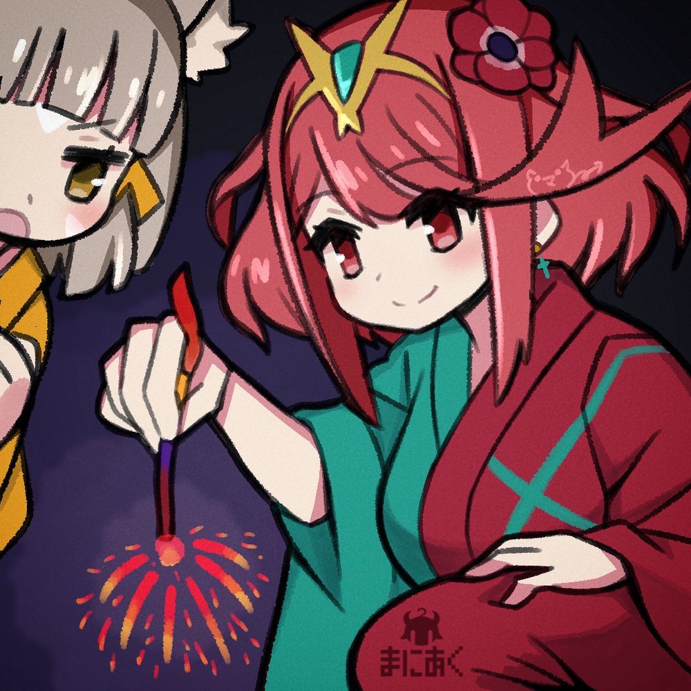 線香花火に夢中のホムラとニアのイラストです