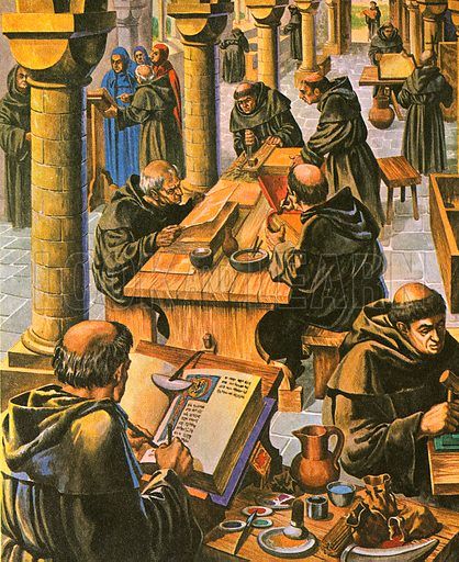 illustration (1980s/90s style?) of monks with cliche monk haircuts in franciscan robes scribing with the lads