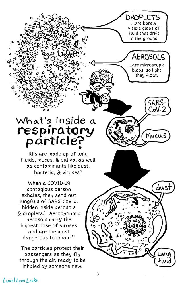 A bubble points at a big blob in a loose ring of different sized circular drops: “DROPLETS...are barely visible globs of fluid that drift to the ground.” A smaller circle is labled: “AEROSOLS...are microscopic blobs, so light they float.” Large text reads “What’s inside a respiratory particle?” next to a cute Laurel looking through a magnifying glass. Arrows point out a small “SARS-COV-2” & little squiggles of “mucus”. The particle grows even larger to show the spiked SARS-COV-2, as well as dots of “dust” & translucent blobs of “lung fluid”. Text to the side reads “RPs are made up of lung fluids, mucus, & saliva, as well as contaminants like dust, bacteria, & viruses. e9 When a COVID-19 contagious person exhales, they send out lungfuls of SARS-CoV-2, hidden inside aerosols & droplets. e10 Aerodynamic aerosols carry the highest dose of viruses and are the most dangerous to inhale. e11 The particles protect their passengers as they fly through the air, ready to be inhaled by someone new.