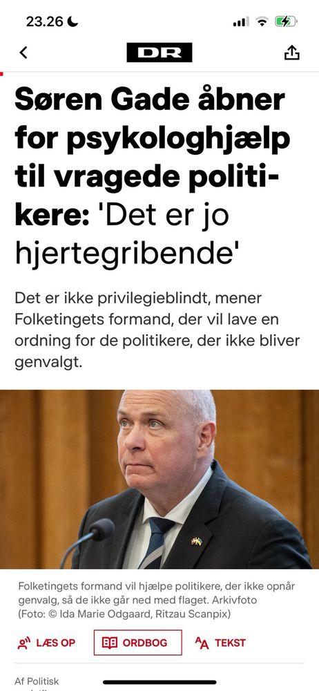 Screenshot fra DR’s app. Søren Gade vil give psykologhjælp til vragede politikere.