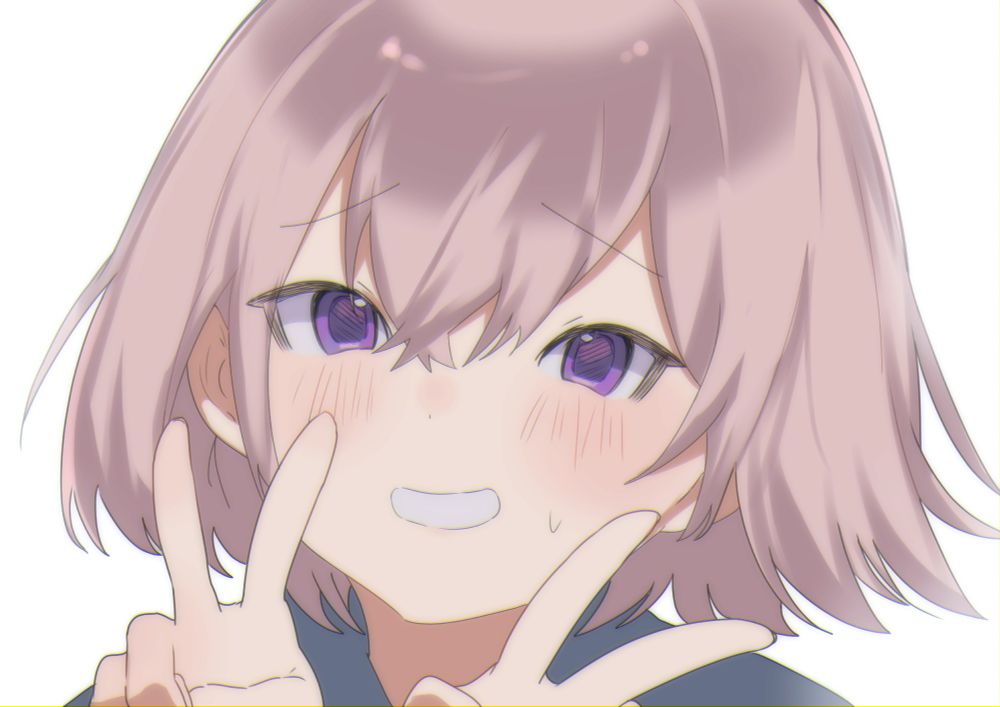 A girl smiling nervously as she poses with a double peace sign.