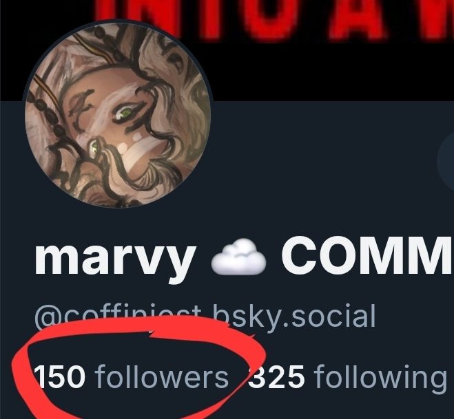 screenshot of my bluesky profile, red circle around "150 followers"