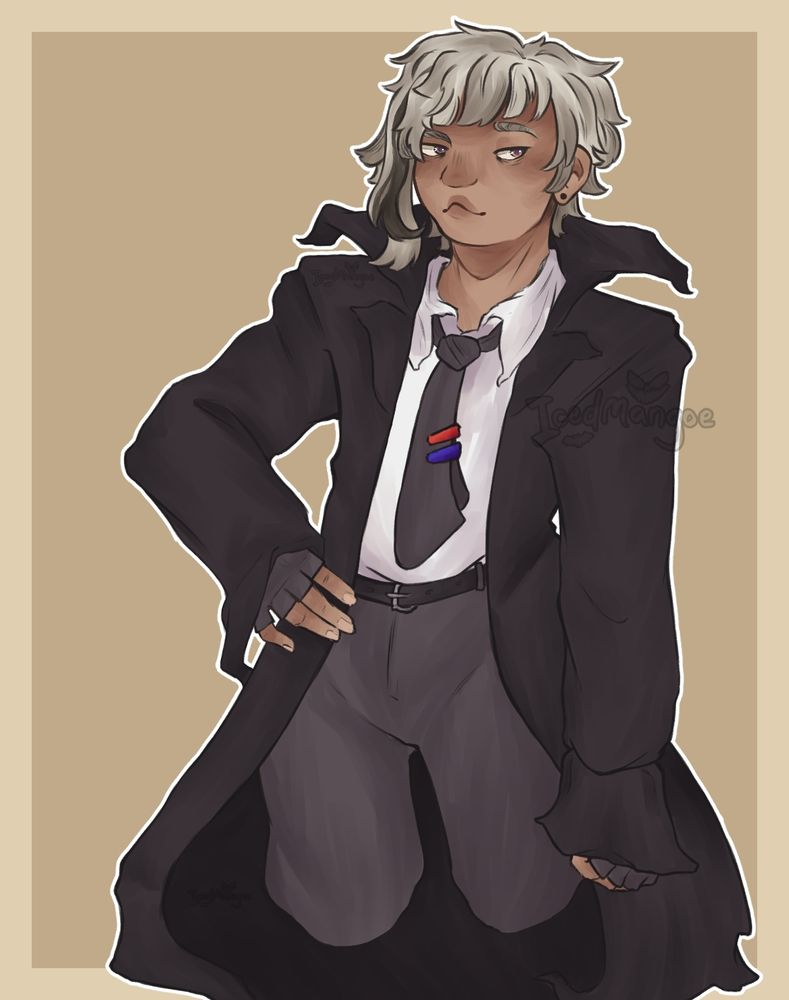 atsushi nakajima from bungou stray dogs standing in his normal attire, except he's also wearing akutagawa ryuunosuke's black coat.
