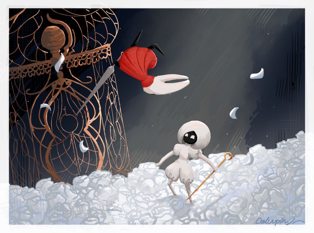 Art of Silksong Act 2's Lace fight in the cradle. Hornet is above lace, backflipping in the air. Lace is below Hornet in a slightly-surprised pose and look.