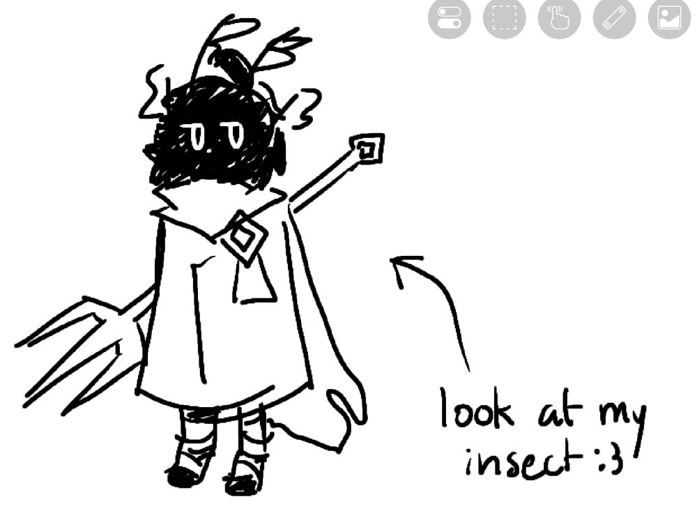 wobbly and rough lined doodle of Corrin (oc), he has a apathetic and annoyed look. There's an arrow pointing at him that says "look at my insect :3"