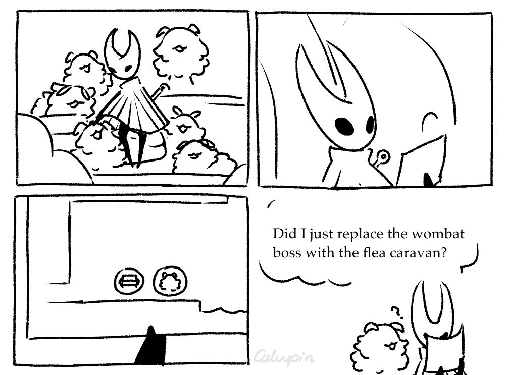 4 panel comic featuring Hornet and the fleas. First panel is Hornet traveling with the fleas in the flea caravan. Second panel is Hornet pulling up the map to look at where she currently is. Third panel is the bottom left of the Greymoor map showing the bench and flea caravan icons. And the forth panel shows Hornet being confused and thinking: "Did I just replace the wombat boss with the flea caravan?" and a flea beside her looking oblivious.
