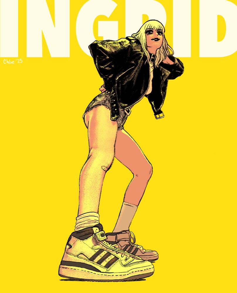 Original character Ingrid stands hunched over, looking at the camera, in a stance where she towers over it as the eyeline is at her shoes. Bright yellow background with yellow highlights all over her. She wears an oversized black leather jacket, acid-washed denim cutoffs, a white crop top, and adidas high-tops, all while sporting a spunky expression and her signature blonde bob.