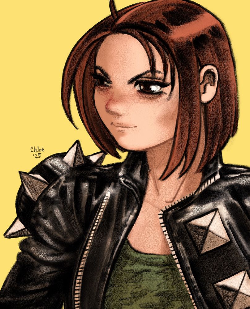 Akira Kazama, cool spikey leather jacket unzipped revealing her camo tank top beneath. She looks amused