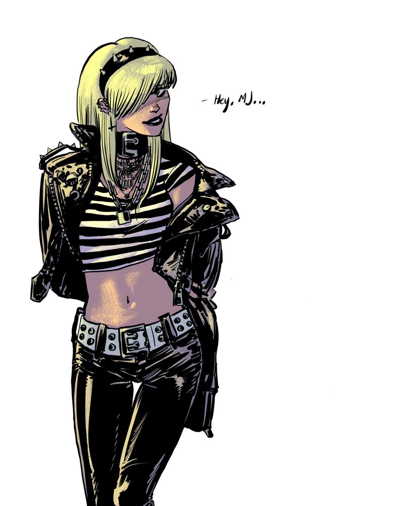 Gwen Stacy looking both punk and a little timid as she holds one arm behind her back, her leather jacket sliding off one shoulder, and says, “Hi, MJ.” She wears a thick buckled collar, a ton of silver necklaces, an oversized leather jacket, leather pants, a white punk belt, and a spiked headband. She is cool as hell.