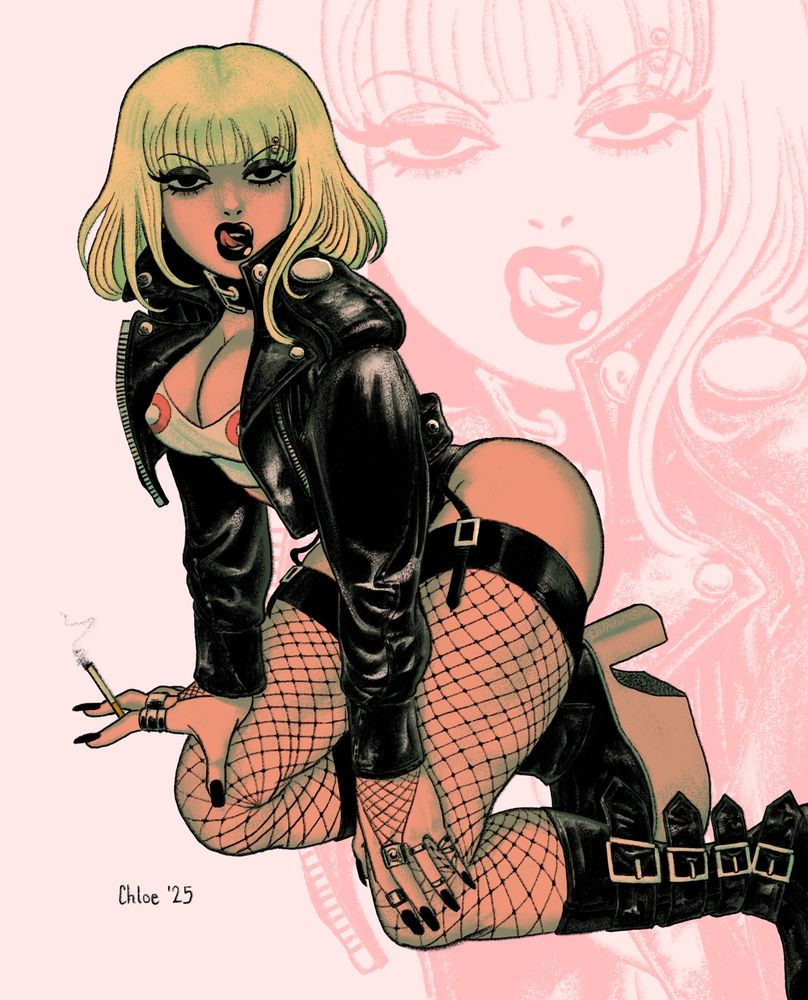 Ingrid licking her lips seductively, crouched on her knees, much more full-bodied than usual, wearing her oversized black leather jacket, a white crop-top with red circles, a collar, fishnets, and big black patent leather boots.