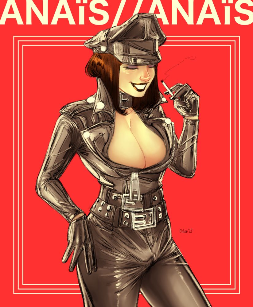 Anaïs standing with one hand on her hip and the other holding a cigarette up to her mouth looking incredibly happy wearing her typical outfit