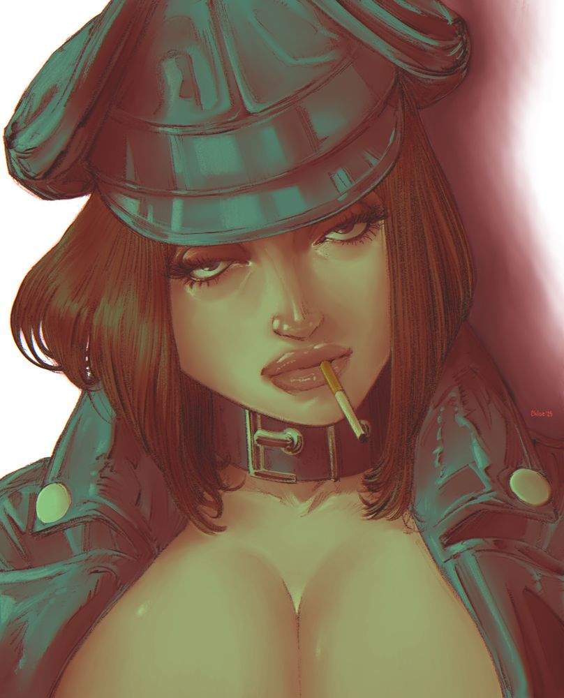 Digital painting of Anaïs, looking up toward you in a silent glare with a cigarette hanging from her lips. She wears her vinyl Muir cap, jacket, and collar.