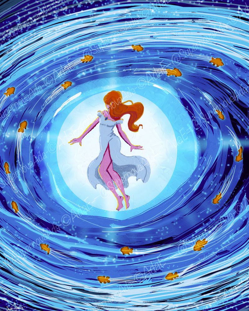 Hope is a digital drawing in a fauvist style with a girl at the center of a swirling ocean waves. In the waves are little orange fish. She has long and bright orange hair, an off shoulder short sleeve light blue dress with a slit showing her legs. She is in a bubble in the center with the waves and fish swirling around her. The waves are light blue outside and then as it moves inwards, they become a deeper and darker blue.