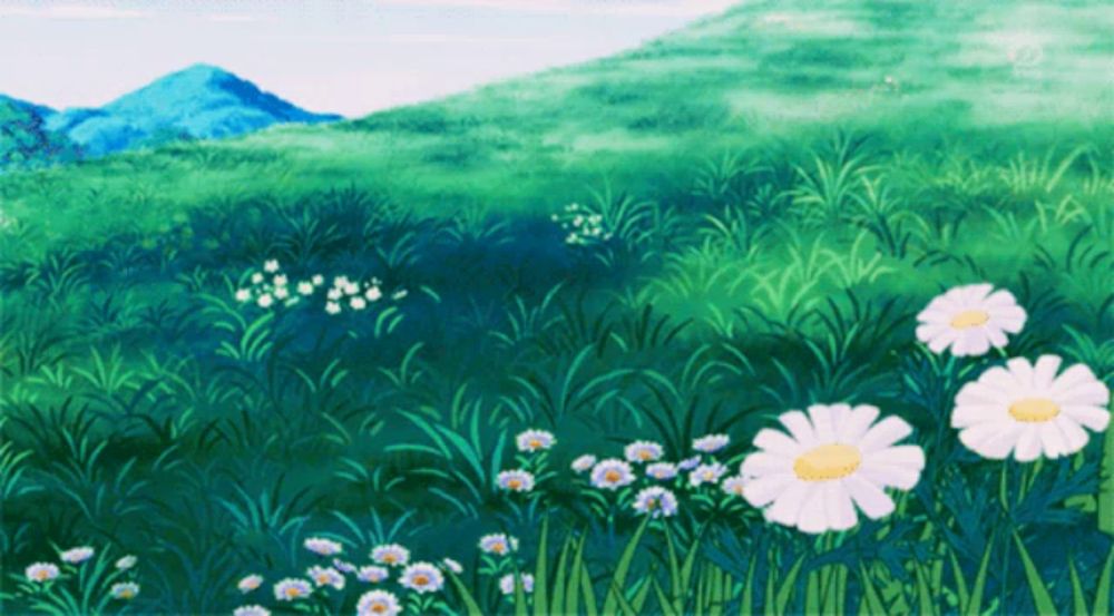 a painting of a field of flowers with mountains in the background and a few daisies in the foreground