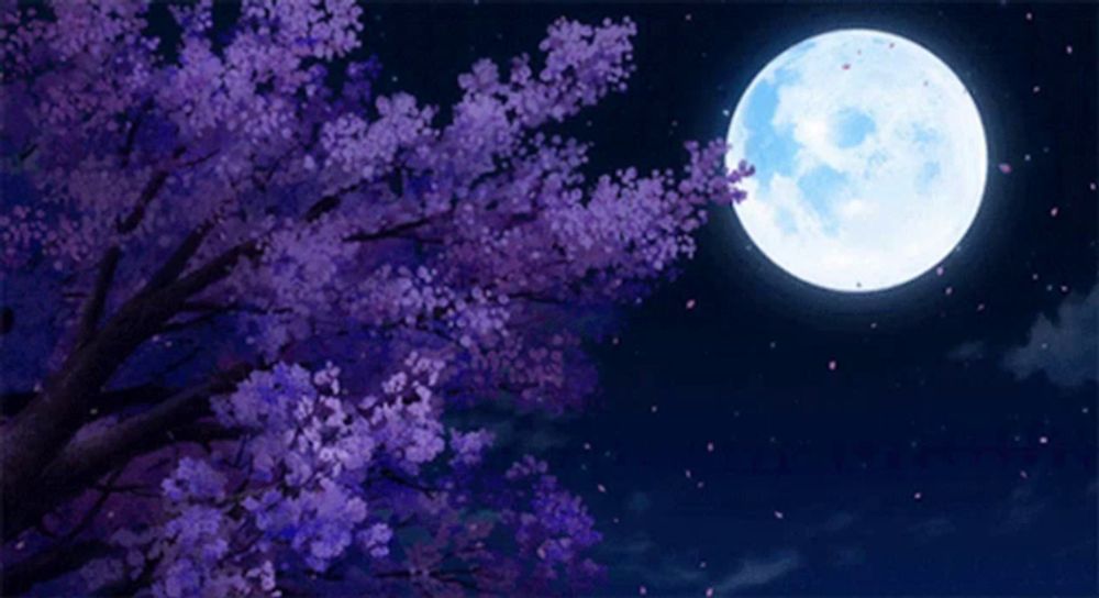 a tree with purple flowers and a full moon in the sky