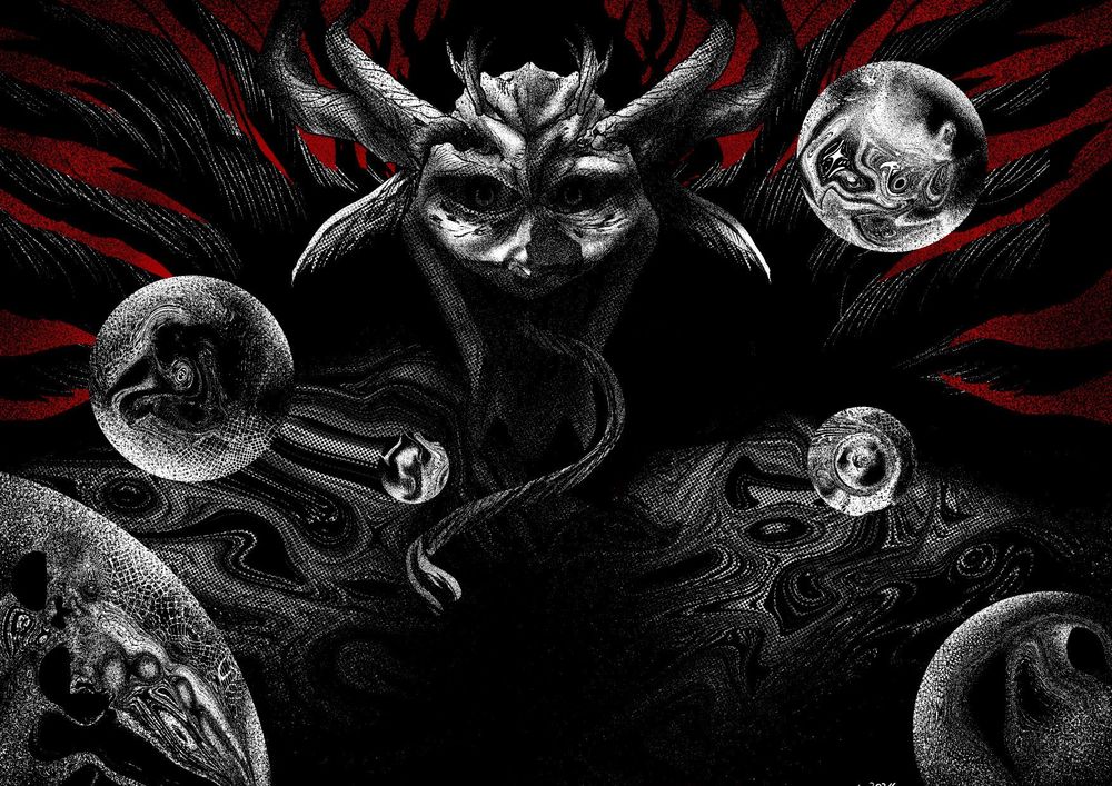 A picture of a devil with long snake-like tongue. There are strange water droplets with swirly patterns around him.