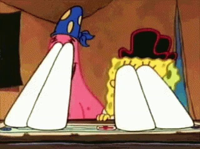 a cartoon drawing of spongebob and patrick with their legs crossed