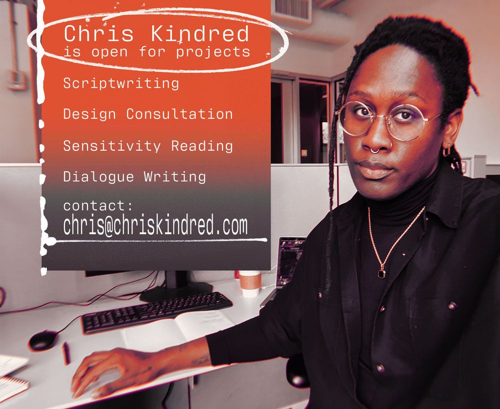 Photo of the author with a text announcing open for projects, listing narrative services offered.
