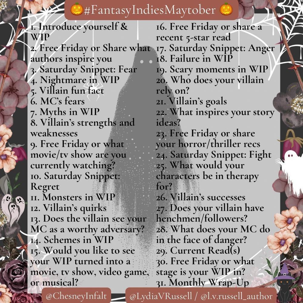 A prompt list for indie authors that covers from the 1st of May, to the 31st.