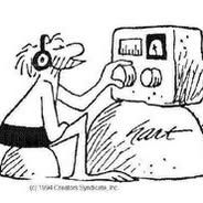 A caveman listens to a stone radio