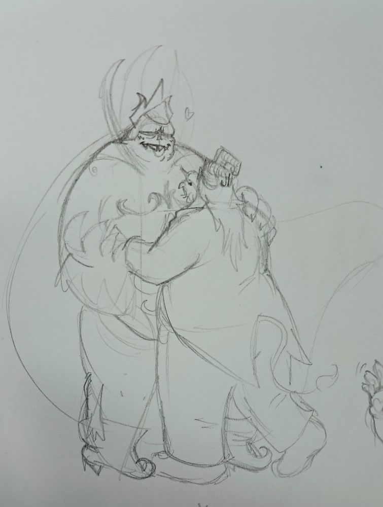 Asgore and Spade waltz dancing. At the 45° angle, Spade is looking down at Asgore smitten, while we see the back of Asgore's suit. Spade has one giant hand on Asgore's shoulder and the other one holding Asgore's hand.