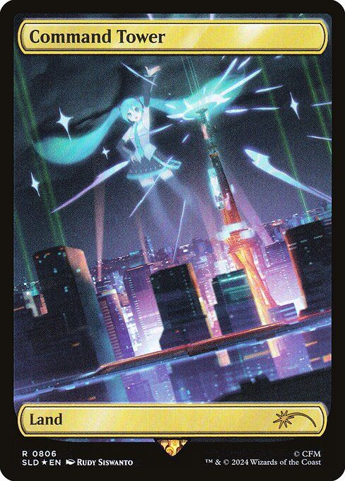 Command Tower This is a full art printing of the card featuring no rules text. The art features a futuristic skyscraper-filled city scape and a gigantic holographic figure looming over it. That's right: Hatsune Miku