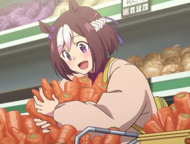 Special Week from Umamusume with arms full of carrots over a shopping cart full of carrots.