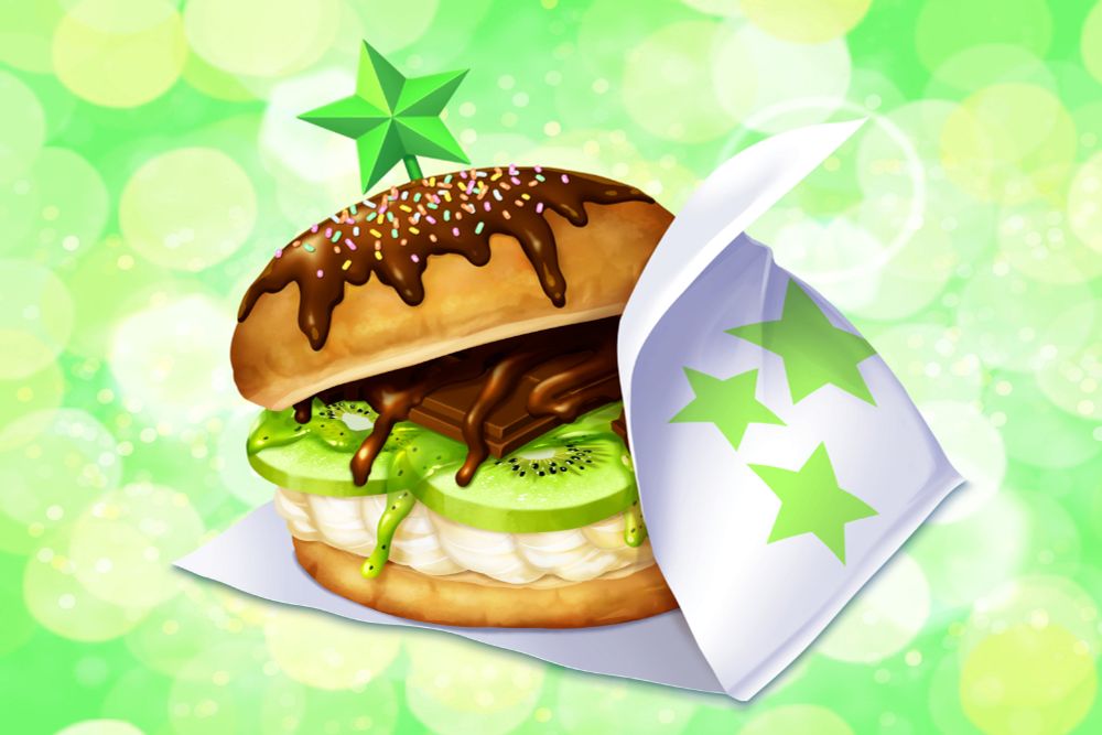An image for a "Valentines Chocolate" apparently, taken from the umamusu.wiki "Taiki Shuttle Image Gallery" page. It is, uh, I guess a hamburger made with a chocolate and sprinkles covered donut (?), a bar of chocolate with chocolate syrup over it, some slices of some kind of green fruit or something I don't know, what appears to be either some sort of cream or marshmallow below that, and then the bottom of the donut (?) as if it were the Luther burger. A green star spear thing is stuck at the top, you know like one of those fancy toothpicks you use to keep a sandwich together when serving.